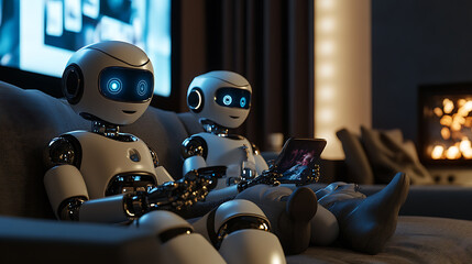 Two humanoid robots relaxing on a couch, watching media on a tablet in a cozy room