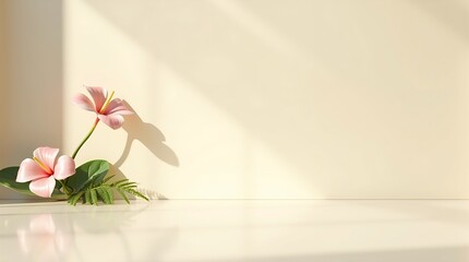 Glossy ivory surface with minimal floral accent and soft shadows, elegant composition for branding or overlay.