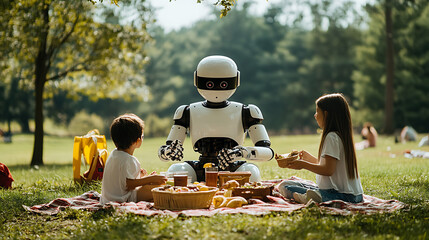 Children and a robot share a picnic in a sunny park