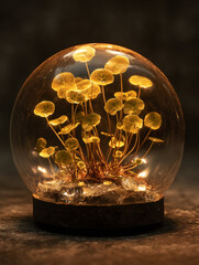 A glowing terrarium with small round leaves inside a glass dome on dark surface