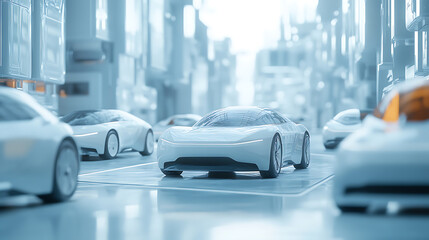 Futuristic Autonomous Vehicles Navigating a Smart City Street