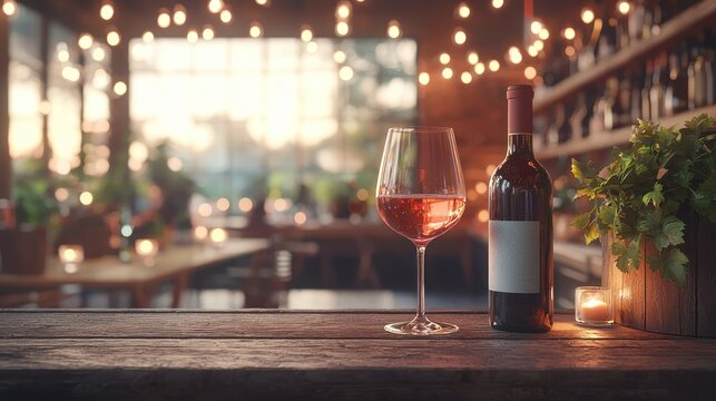 Rose wine bottle & glass, soft focus, warm bar lighting