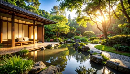 Fototapeta premium Serene Japanese Garden at Sunrise Peaceful Zen Tranquility.