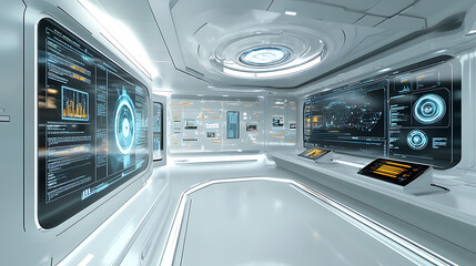 Futuristic Control Room with Advanced Digital Displays and Interfaces