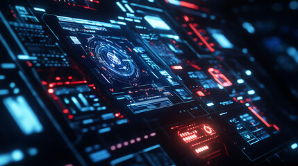 Futuristic Digital Interface with Neon Lights and Advanced Controls