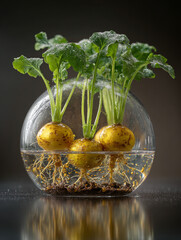 Three turnips growing in a glass bowl with water and visible roots and green tops
