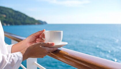 Woman enjoying coffee on cruise ship balcony overlooking ocean.