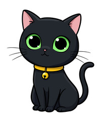 Cartoon Black Cat with Big Green Eyes and a Golden Collar, Sitting Pretty on a White Background