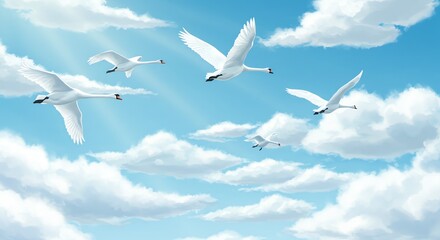 Fototapeta premium Swans in Flight: Graceful Birds Against a Cloudy Blue Sky