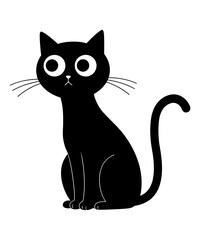 Stylized Black Cat Illustration with Large Eyes and Curled Tail on a White Background Simple and Cute