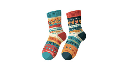 A studio shot against a white background shows a pair of crew-length socks. The socks are knitted and feature a colorful Fair Isle-inspired pattern predominantly in orange, teal, red, and cream