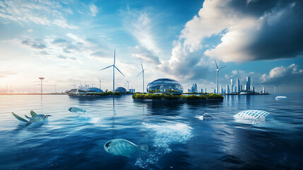Futuristic Floating City with Wind Turbines and Aquatic Life