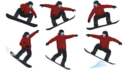 Naklejka premium Dynamic Snowboarder Illustration Set Displaying Action and Style for Winter Sports