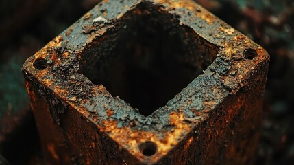 Rusted metal cube, worn, distressed, and corroded