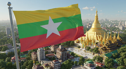 Myanmar Flag Waves Over Shwedagon Pagoda Yangon City Travel Landmark