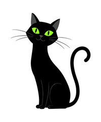 Sleek Silhouette of a Black Cat with Piercing Green Eyes and a Curled Tail on a White Canvas