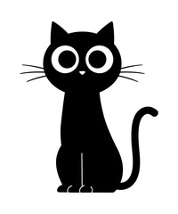Stylized Black Cat Sitting Upright with Large Eyes and a Curled Tail in a Minimalist and Graphic Design