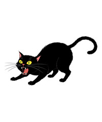 Obraz premium Illustration of an Angry Black Cat with Yellow Eyes and Pink Mouth Open Ready to Attack