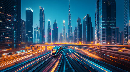 Futuristic Cityscape with High-Speed Train and Illuminated Skyscrapers