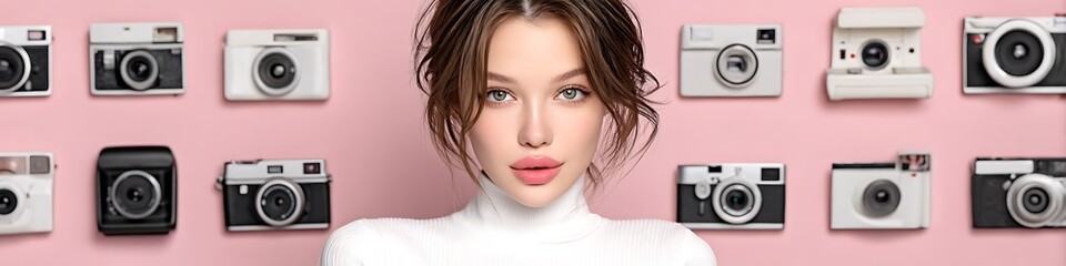 Fototapeta premium Young woman with vintage cameras on light pink background