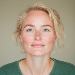 Portrait of a SYoung Blonde Woman in Green Shirt. Generative AI