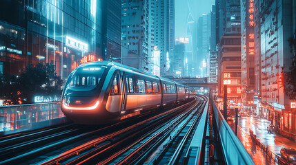 Futuristic Train Navigating Through a Neon-Lit Urban Landscape