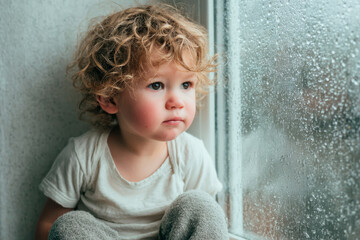 Little Boy Looking Out of Window on Rainy Day. Generative AI 