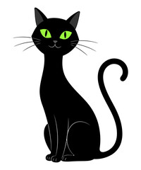 Whimsical Black Cat Illustration with Bright Green Eyes and Curled Tail on a White Background
