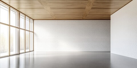 Empty room with large windows and a light-colored wooden ceiling