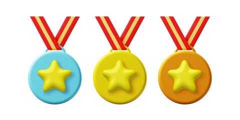 Set of 3d medals with star. Gold, silver and bronze sports awards for winners. Prizes for business leaders. Vector illustration.
