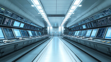Futuristic Control Room with Symmetrical Layout and Advanced Monitors