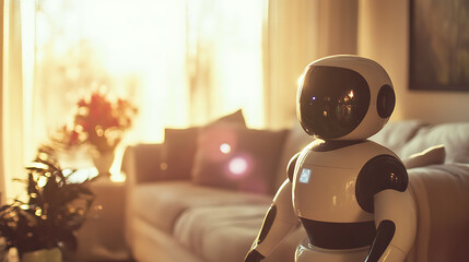 Robot in a Cozy Living Room with Warm Sunlight