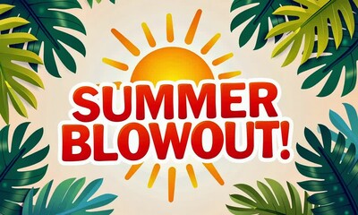 Cheerful summer sale design with palm leaves and sunbursts featuring text 'SUMMER BLOWOUT!'