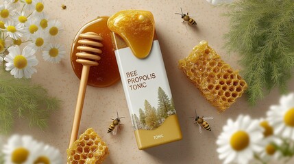Honeycomb, chamomile, and bees surround a bottle of bee propolis tonic.