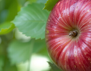 Crimson red apple on leafy green background