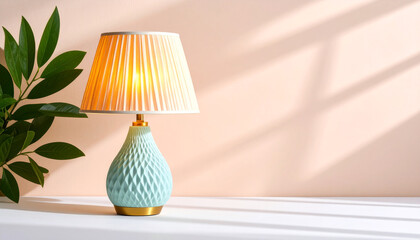 Fototapeta premium Minimalist glowing lamp with unique shape softly lit on pastel surface, cozy fine art interior product photography with elegant atmosphere 