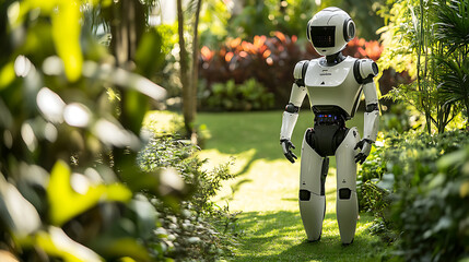Humanoid Robot Stands Amidst Lush Green Garden