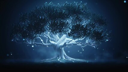 Ethereal blue glow of a tree under a starlit sky, illustrating nature's fractal energy in space - Powered by Adobe