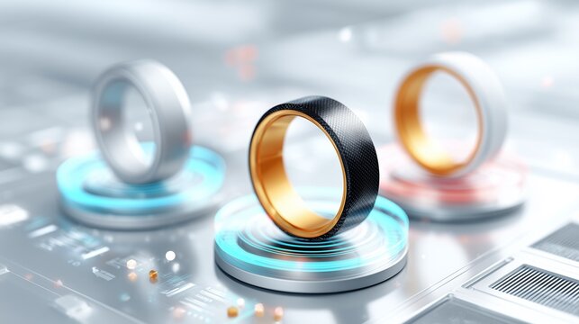 Futuristic smart rings displayed on a sleek tech interface. Sleek design, modern technology.