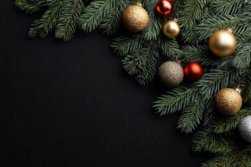 Elegant Christmas Ornament Arrangement: Festive Gold, Red, and Silver Balls on Dark Background
