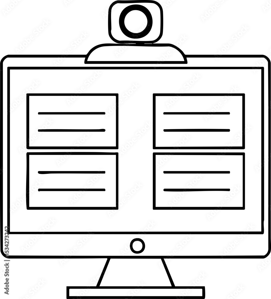 Poster a simple black and white line drawing of a computer monitor with a webcam on top and four text boxes