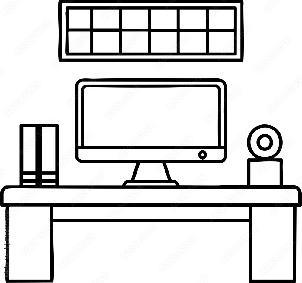 Poster a simple line drawing of a desk setup featuring a computer monitor, two books, a webcam, and a calen