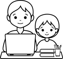 Two children are sitting at a desk; one is using a laptop while the other is beside books and pencils.