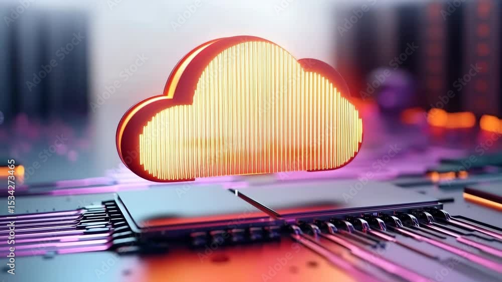 Poster cloud computing technology concept with glowing cloud icon above circuit board and microchip, repres