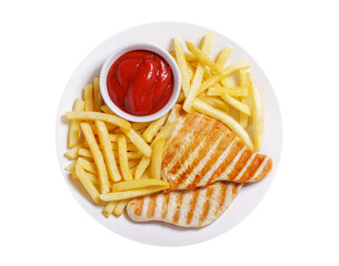 plate of grilled turkey and french fries isolated on transparent background, top view