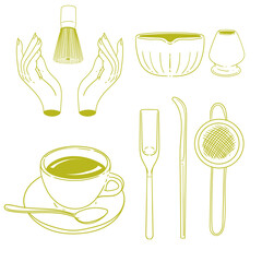 Matcha tea illustration set. Original hand-drawn green tea illustrations of matcha and green tea preparation utensils for posters, cards, cafe menus, and graphic design.