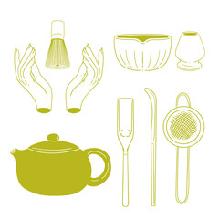 Matcha tea illustration set. Original hand-drawn green tea illustrations of matcha and green tea preparation utensils for posters, cards, cafe menus, and graphic design.