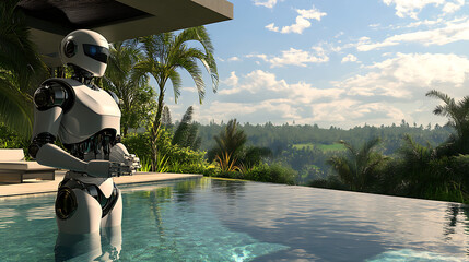 Robot standing by a poolside, overlooking a lush tropical landscape