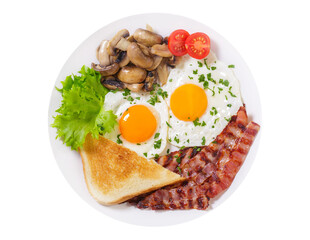 plate of fried eggs, bacon, mushrooms and toast isolated on transparent background, top view