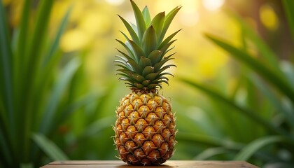 Fototapeta premium Pineapple fruit with green leaves on a wooden table outdoors.